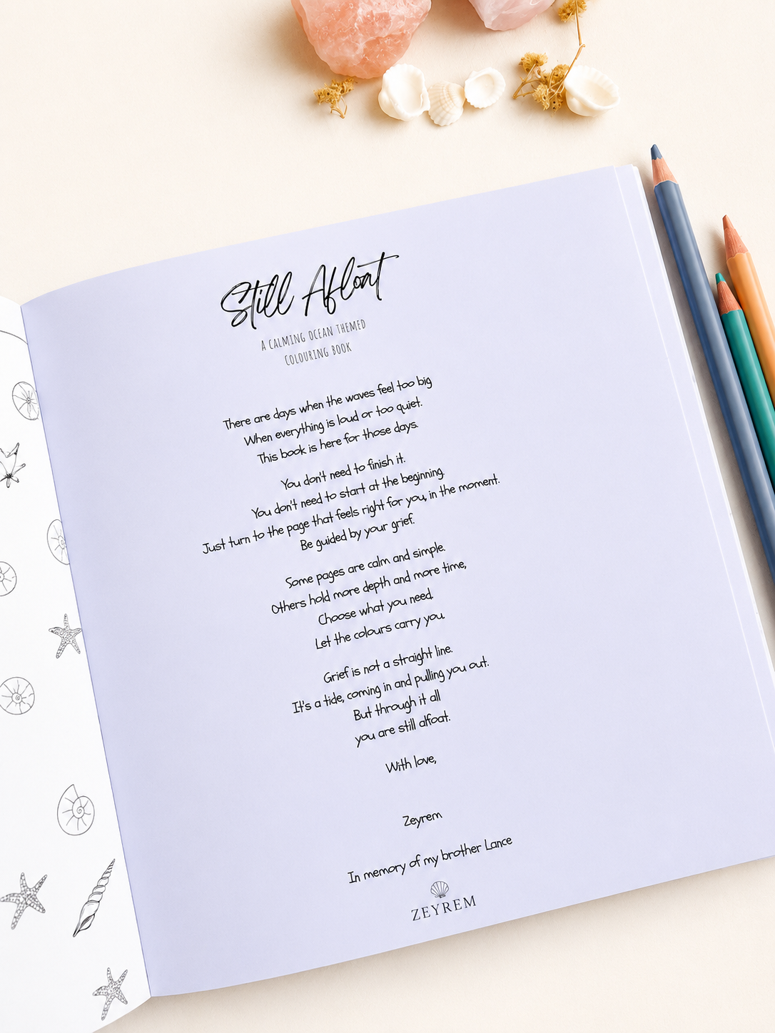 Still Afloat ocean colouring book for grief, mindfulness and art therapy, from Zeyrem Australia