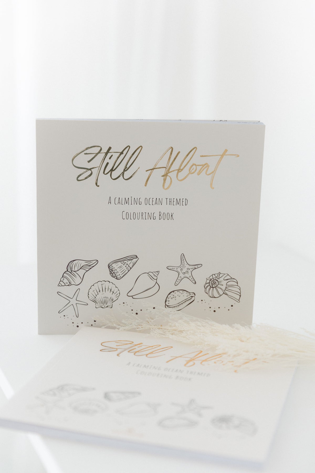 Two Still Afloat colouring books styled with dried pampas grass, a sympathy gift for someone grieving