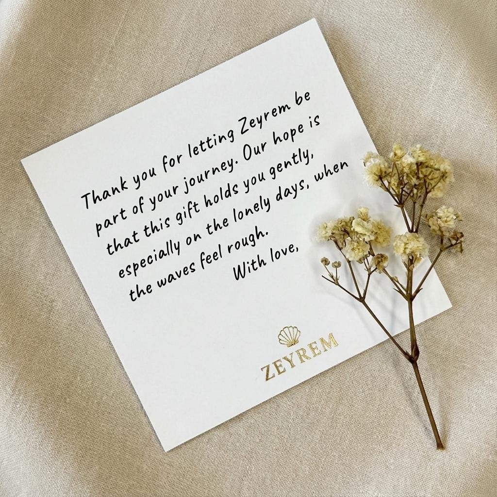 Handwritten Zeyrem card included with every grief gift, sent with dried flowers