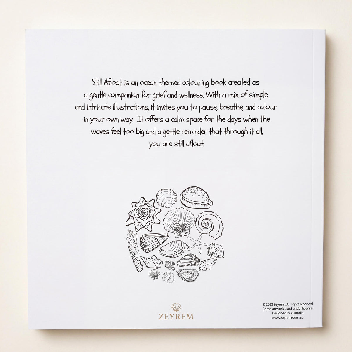 Back cover of Still Afloat, an ocean themed colouring book for grief and wellness
