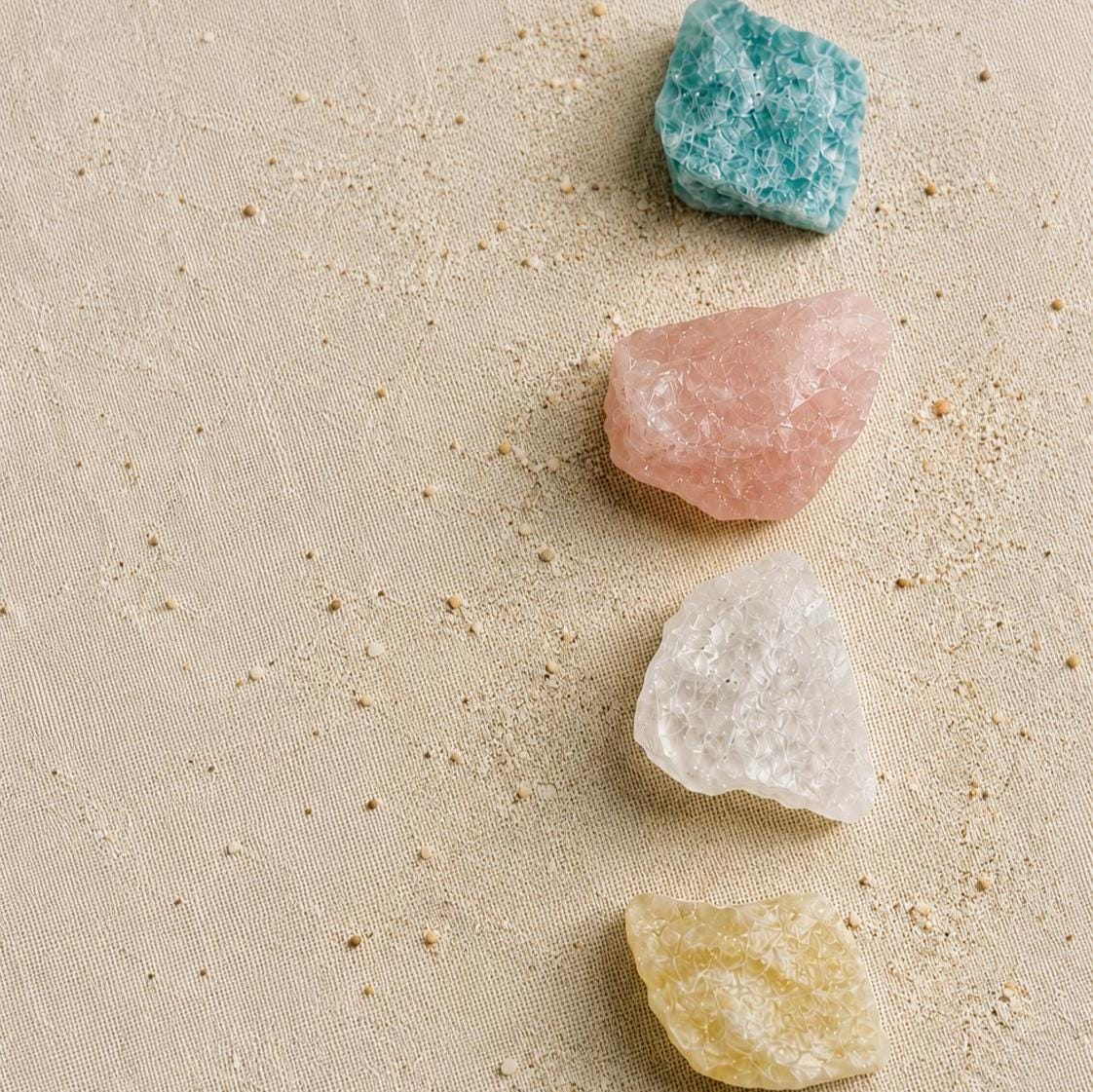 Four crystals included in the ocean calm grief gift set, keepsakes for quiet reflection