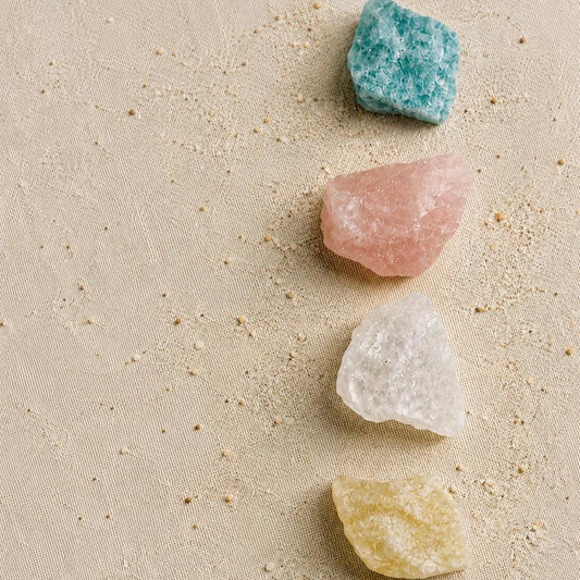 Four crystals included in the ocean calm grief gift set, keepsakes for quiet reflection