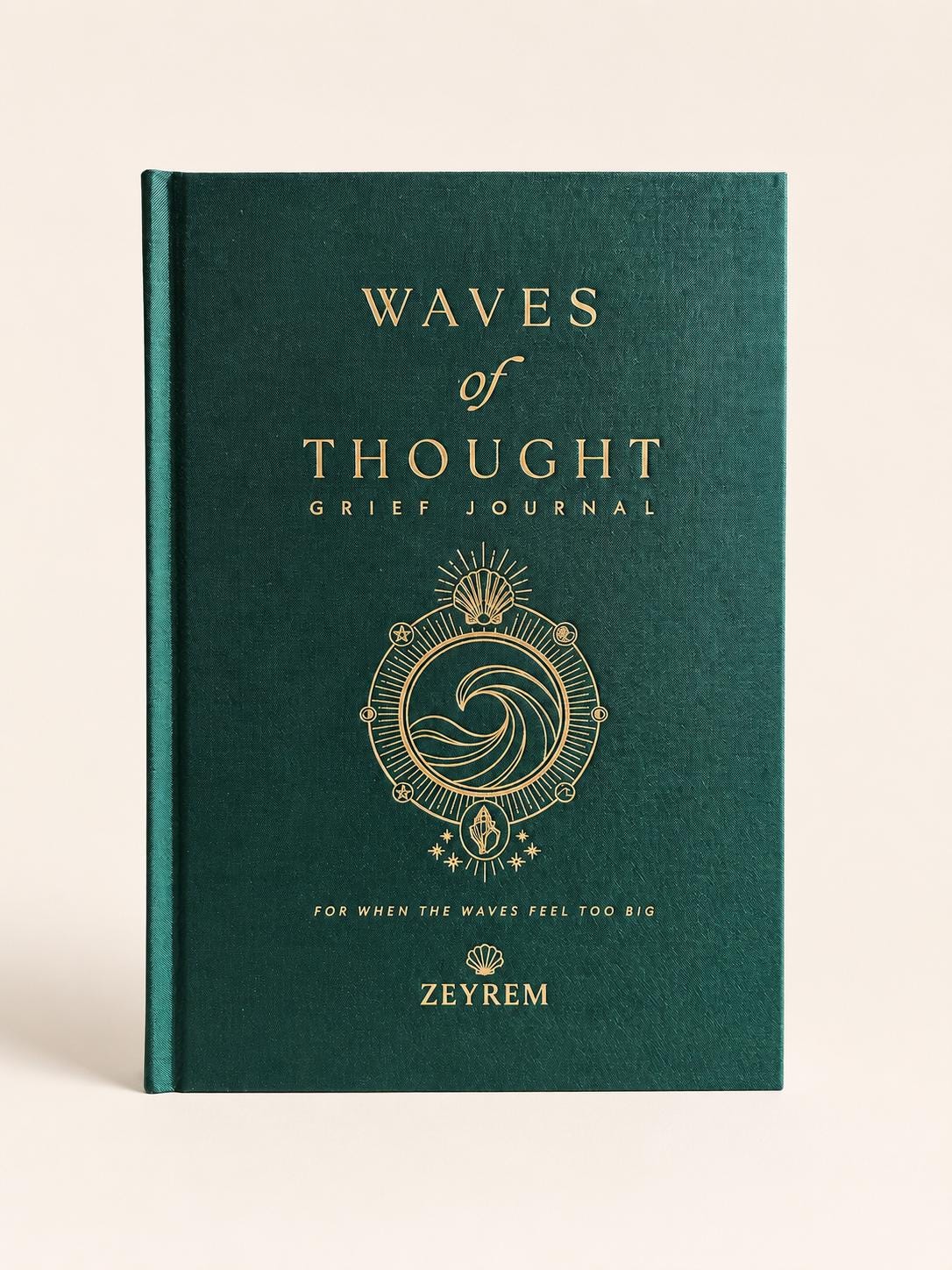Waves of Thought guided grief journal, forest green linen hardcover with gold foil wave emblem, a sympathy gift from Zeyrem Australia
