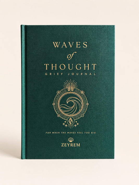 Waves of Thought guided grief journal, forest green linen hardcover with gold foil wave emblem, a sympathy gift from Zeyrem Australia
