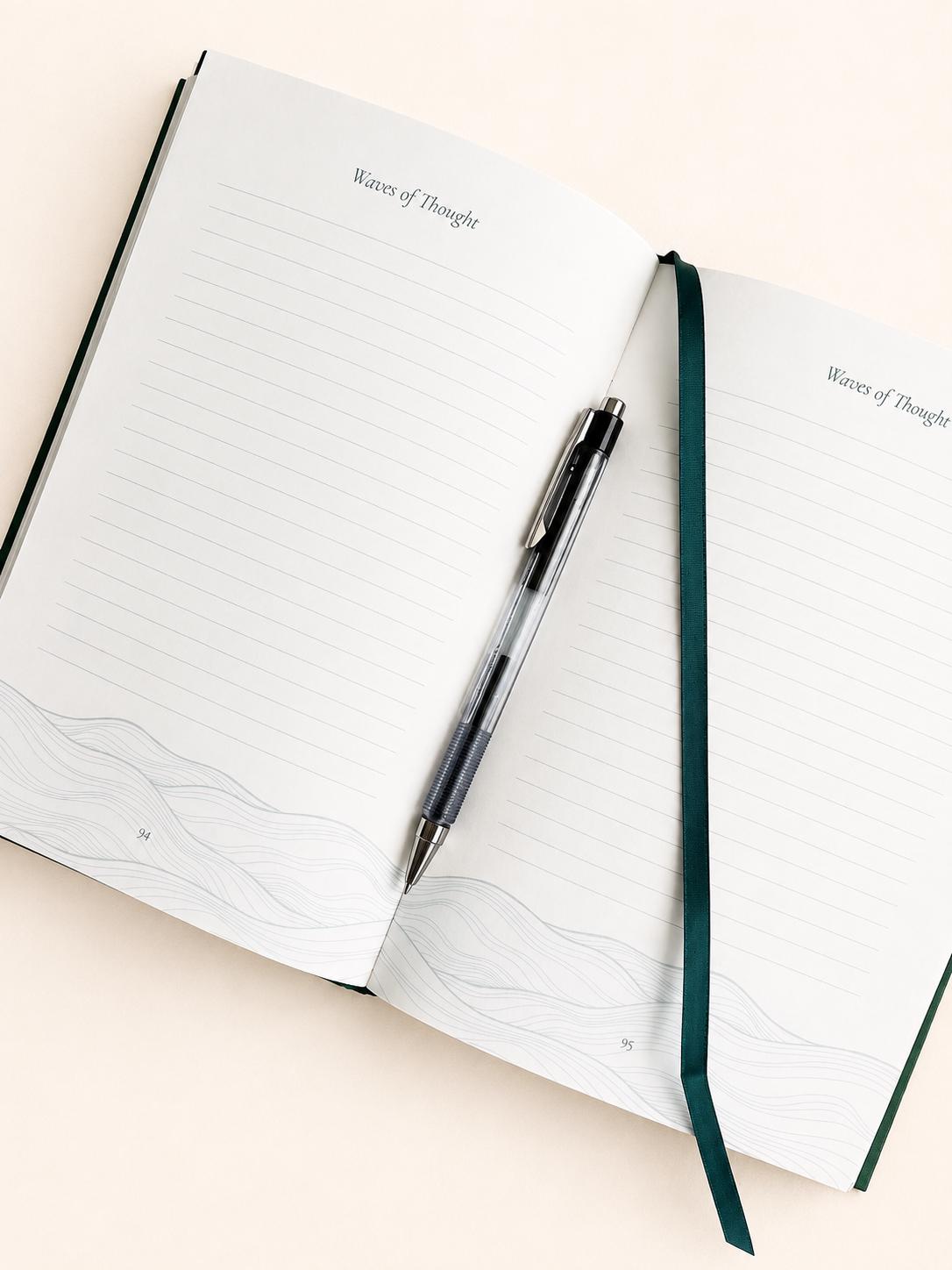 Daily reflection page with grief prompts, a wave check in from calm to overwhelmed and a sleep tracker