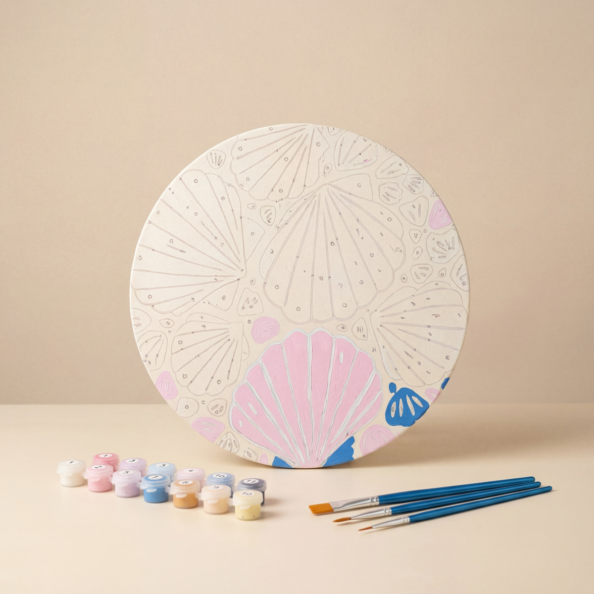 Unpainted ocean paint by numbers canvas with a shell design, ready to paint, part of the Zeyrem art therapy grief care package